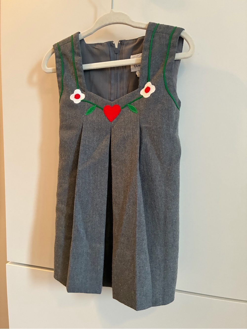 Girls Grey Pinafore Dress with Red Heart & Floral Appliqué - 2T